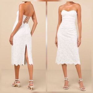 Lulus Aramis White Embroidered Lace Strapless Bustier Midi Dress, Size Small
